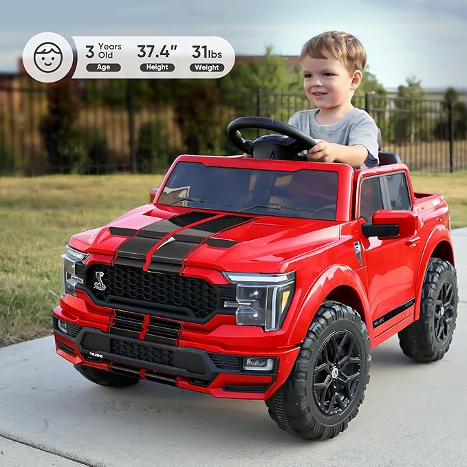 Licensed Ford Shelby F-150 Kids Ride on Car Truck, 12V Toddler Electric Car for Kids Ages 3-6 with Remote Control - Red