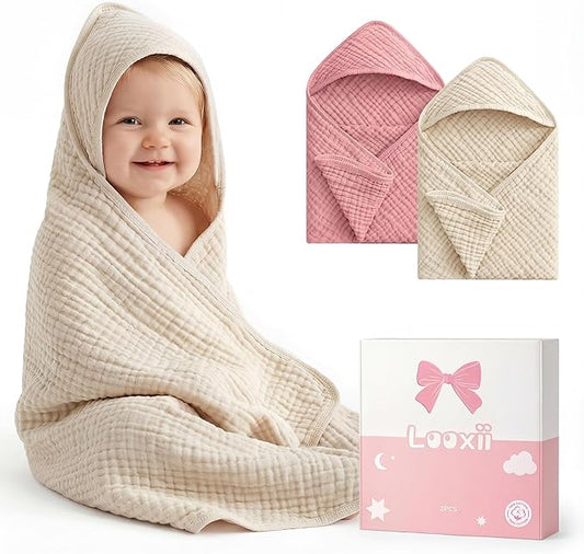 Looxii Baby Bath Towels 2 Pack Muslin Hooded Baby Towels for Newborn and Infants, 100% Cotton, Large 32x32Inch, Soft and Absorbent Beige+Pink