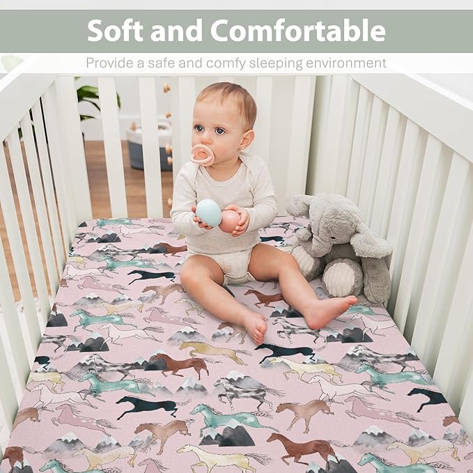 Boho Horses Mountains Baby Crib Sheets for Boy Girl 28"x52" Wild Horses Blossom Soft Snug Fitted Crib Mattress Covers Horse Lovers Nursery Baby Sheet for Standard Crib & Toddler Bed Mattress Pink