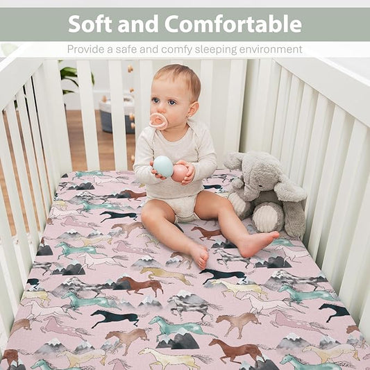 Boho Horses Mountains Baby Crib Sheets for Boy Girl 28"x52" Wild Horses Blossom Soft Snug Fitted Crib Mattress Covers Horse Lovers Nursery Baby Sheet for Standard Crib & Toddler Bed Mattress Pink