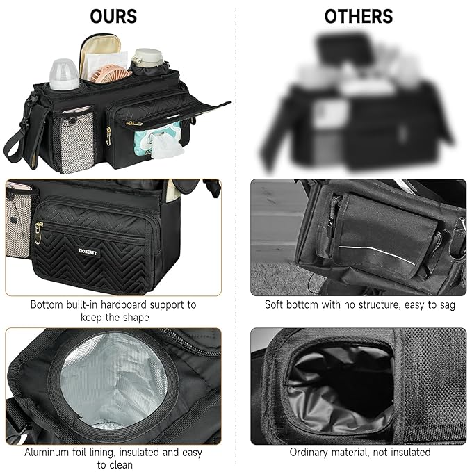 Universal Stroller Organizer with Insulated Cup Holder,Stroller Caddy Bag with Wet Wipes Pocket,Stroller Accessories Fits for Uppababy,Doona,Jogger,Britax,Mompush,BoB Strollers,Black