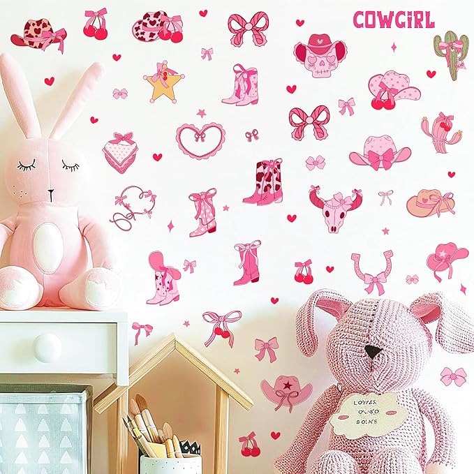 Cowgirl Stickers for Wall Cowgirl Balloon Arch Decoration Vinyl Decals Pink Girls Room Wall Decal Peel and Stick Western Hat Boot Sticker Retro Cherry Bow Art Murals for Kids Bedroom Farmhouse Gifts