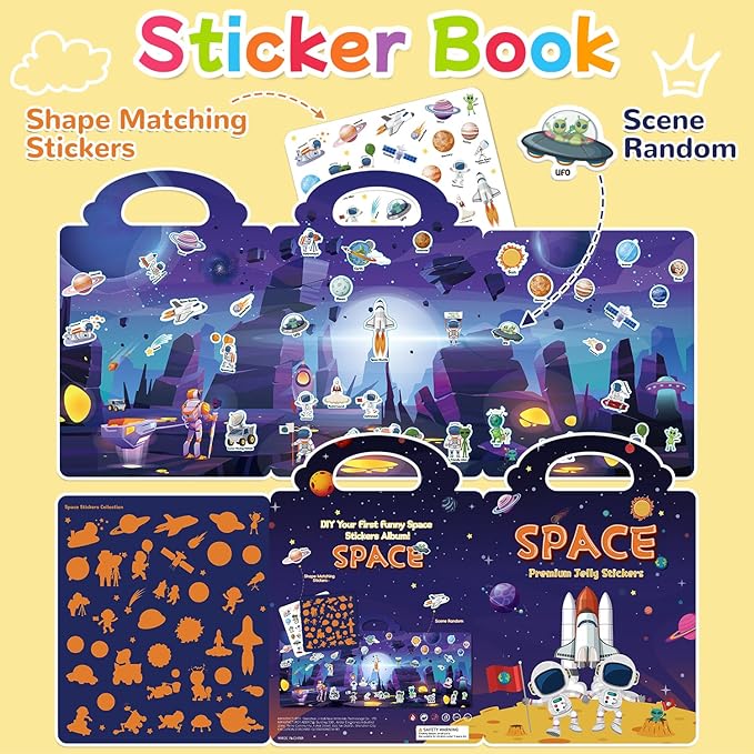 Reusable Sticker Book for Toddlers 3-6, Jelly Stickers for Kids, Sticker Activity Book Travel Toys for Road Trip, Car & Airplane, Educational Learning Gifts for Boys and Girls (Space Theme)