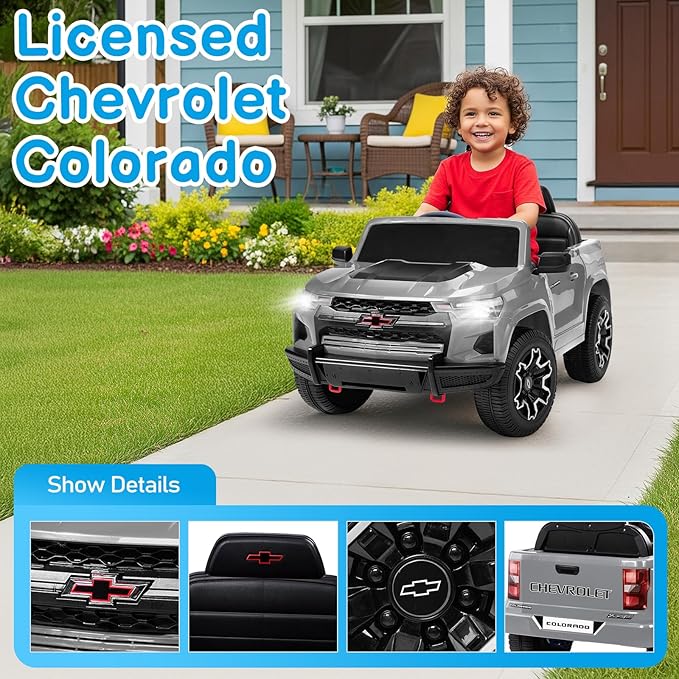 Winado Licensed Chevrolet Colorado Electric Car for Kids, 12V Ride on Toys for Toddlers with Remote Control, Battery Powered Electric Car Ride On Vehicle w/Bluetooth, Soft Start, LED Lights - Gray