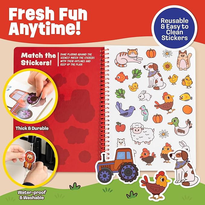 Reusable Jelly Sticker Book - Farm, 7 Scenes - 50 Thick Washable Stickers for Toddlers & Kids: Easter Basket Stuffers, Gift Ideas for Ages 3-5 Years Old - Toddler Stickers Travel Activity Toy 2-4 1-3