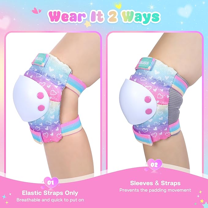 Knee Pads for Kids - ZOOBLISS Toddler Knee and Elbow Pads Set Wrist Guards for Skating Girls Aged 3-12, Kids Protective Gear for Roller Skates Skateboard Bike Scooter, Included Drawstring Bag(Rainbow)
