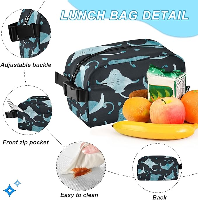 Jucciaco Watercolor Stingray Fish Backpack with Lunch Bag, School Backpack for Teens Boys Girls Kids Travel Backpacks Set
