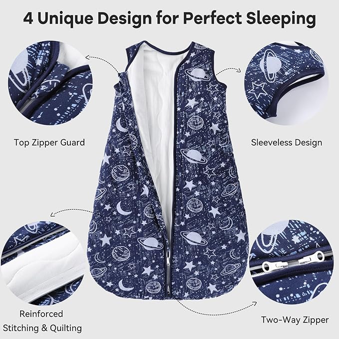 Baby Sleep Sack 18-24 Months TOG 2.5 Winter Baby Wearable Blanket, 100% Cotton Toddler Sleeping Sack with 2-Way Zipper Warm Soft Blue Planet
