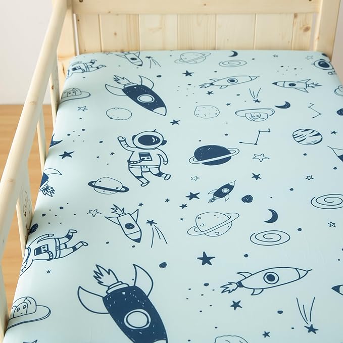 SDIII 2 Pack Astronaut Space Crib Sheets for Boys Girls 52×28 Stretchy Microfiber Jersey Knit Space Sheet for Standard Crib and Toddler Mattress