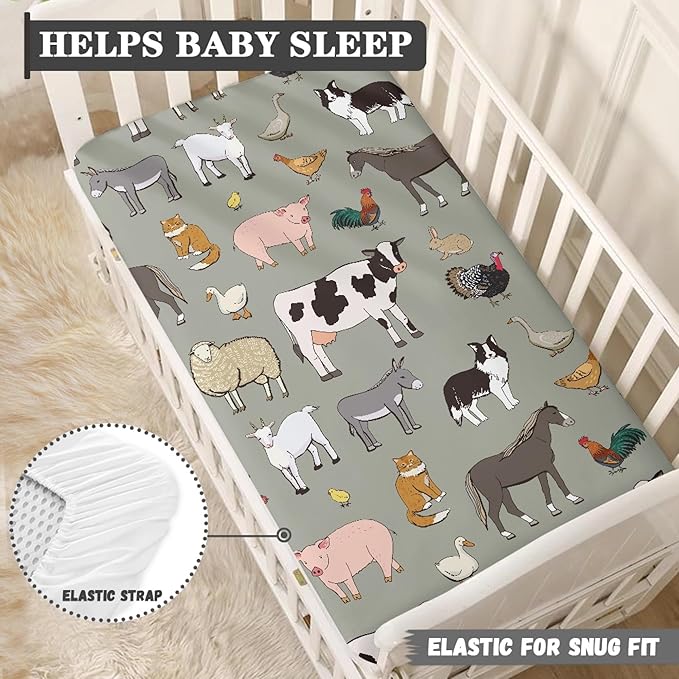 Farm Animals Fitted Crib Sheet for Boys Girls Cow Sheep Rooster Pig Horse Baby Sheet for Standard Crib and Toddler Cute Animal Nursery Bed Mattress Sheets 28"x52"