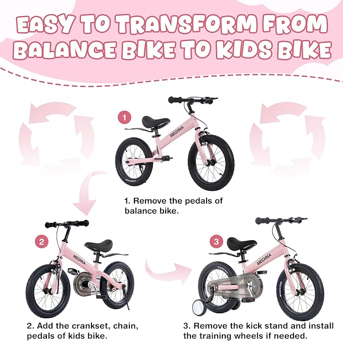 MEGHNA 2 in 1 Toddler Balance Bike 14 inch Wheel Kids Bike Aged 3-7 Years Old with Footrest Detachable Training Wheels Caliper and Coaster Brake Strider Bike for Boys Girls, Easy to Assembly