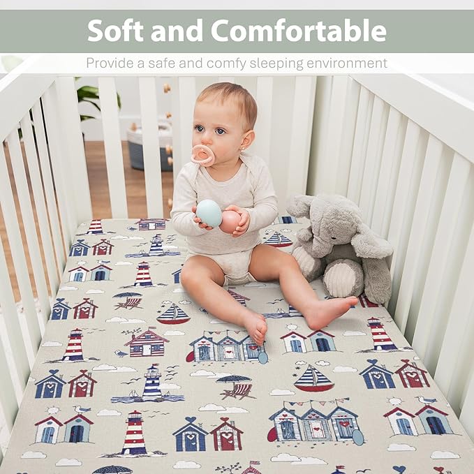 Beach Huts Boats Lighthouse Baby Crib Sheets for Boy Girl 28"x52" Summer Seaside Holiday Soft Snug Fitted Crib Mattress Cover Marine Ocean Nautical Baby Sheet for Standard Crib & Toddler Bed Mattress