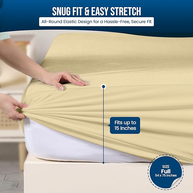 Utopia Bedding Waterproof Mattress Protector Full Size, Premium 200 GSM Terry Mattress Cover, Soft & Breathable Bed Cover, Fitted Sheet Style with Stretchable Deep Pockets 15" (Beige)