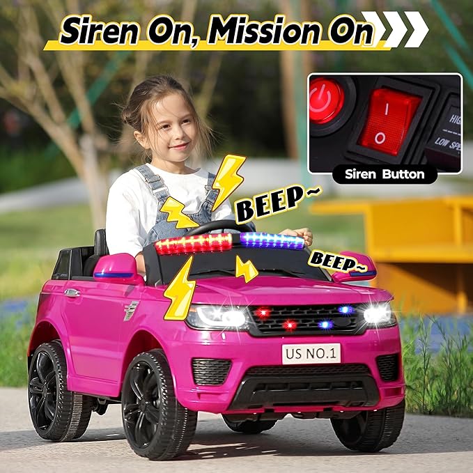 TOBBI Electric Cars for Kids Driving Remote Control Ride on Police Riding Car 4 Wheels Vehicles 12V Battery Cop Truck for Toddlers with Siren, Flashing Lights, Music, Pink