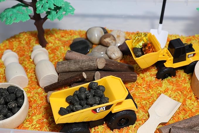 Construction Sensory Bin Kit for Kids – Taste-Safe Rice, Realistic Rocks & Logs, Durable Wooden Tools & Vehicles – Includes Storage Bin – Montessori-Inspired Sensory Play