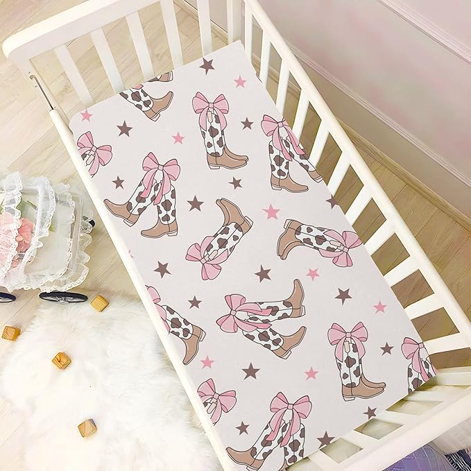 Bows Cowgirl Boots Western Crib Sheets Soft Breathable Fitted Baby Crib Sheets Mattress Cover for Girl Boys, 52" x 28" x 9"