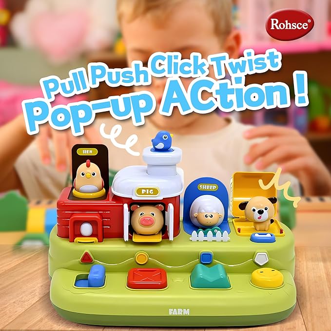Baby Pop Up Toy with Music- Cause and Effect Pop Up Animal Toys for 6-12 Months Toddlers, 1 Year Old Babies Boys Girls, Infant Interactive Early Learning Educational Montessori Gifts
