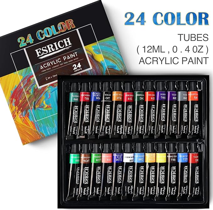 ESRICH Acrylic Paint Canvas Set, 42 Piece Professional Premium Paint Kit with 1 Wood Easel, 24Colors, 10 Brushes, 6 Canvases, Painting Supplies Kit Artists and Beginner
