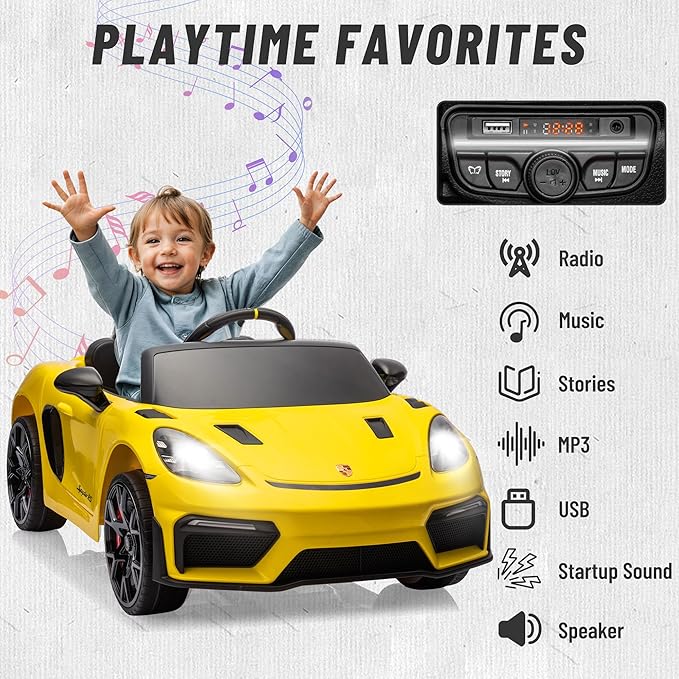 First Ride On Licensed Porsche 718 12V Ride on Toy for Kids, Ride on Car for Toddler, Child Electric Vehicle w/Parent Remote Control, 3 Speeds, Foot Pedal, Music, MP3, Led Headlights (Yellow)