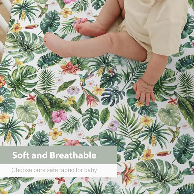 Tropical Flower Leaves Hummingbirds Baby Crib Sheets for Boy Girl 52"x28" Greenery Tropical Jungle Soft Snug Fitted Crib Mattress Cover Boho Summer Baby Sheet for Standard Crib & Toddler Bed Mattress
