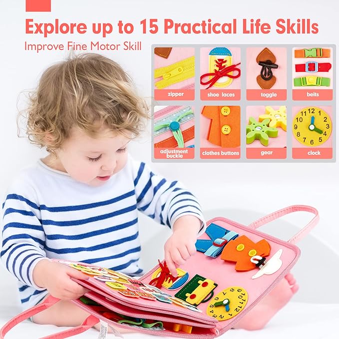 hahaland Toddler Busy Board Montessori Toys for 3 Year Old Girl Gifts, Educational Learning Toys with Life Skills, Alphabet, Number, Shape, Color, Easter Gift Travel Busy Book Sensory Activities Age 3