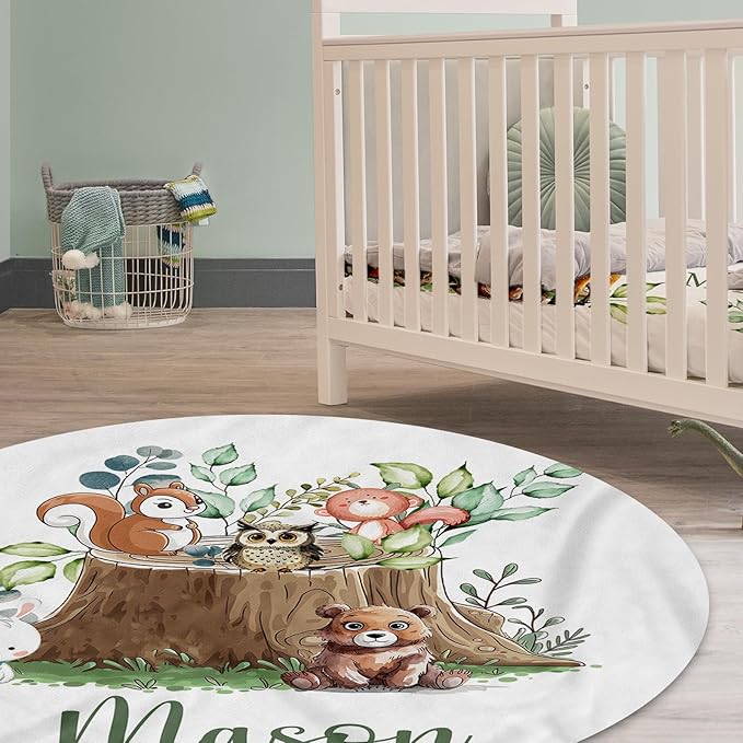 Custom Baby Crib Bedding Set,Personalized Name Animal Stump Pattern Nursery Bed Set 4 Piece,Baby Blanket Fitted Sheet Nursery Rug Wall Art Set,Custom Room Decor Idea Gift for Newborns Boys Girls