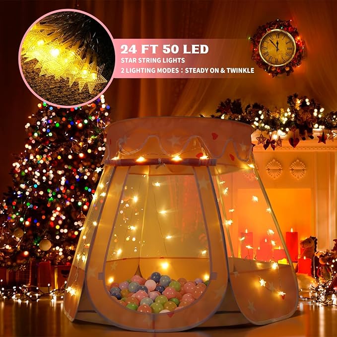 Pop Up Princess Tent with Star Light, Toys for 1 2 3 Year Old Girl Birthday Gift, Ball Pit for 12-18 Months Baby Girl Toys, Toddler Gifts, Easy to Pop Up and Assemble (Pink Gray)