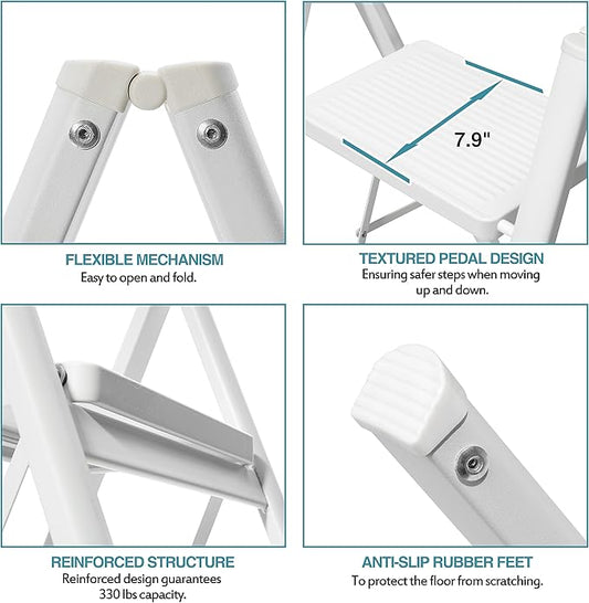 BOCOM 2 Step Ladder, Lightweight Portable Foldable Collapsible Folding Sturdy Iron Metal Step Stool with Anti-Slip Wide Pedal, Heavy Duty 330 lbs Capacity, for Home, Kitchen, Closet, Adults, White