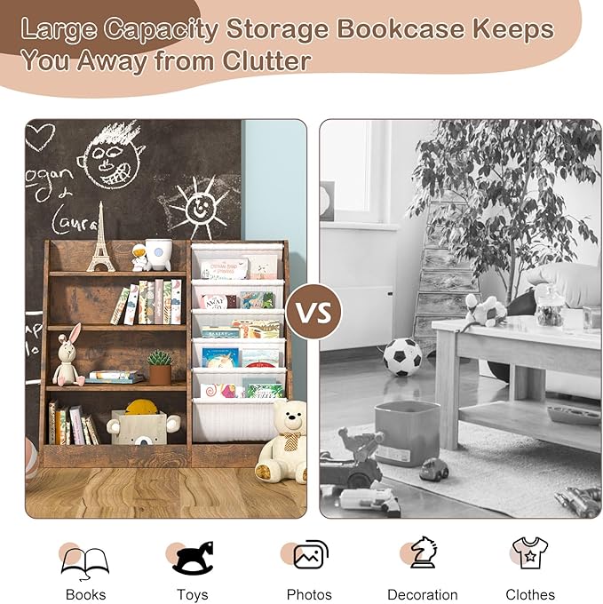 HedoAjim Kids Bookshelf for Bedroom Toddler Children Baby Bookcase 4-Tier for Nursery Book Toy Storage Organizer 5 Sling Book Display Shelf Book Rack Wood Classroom Playroom Rustic Brown