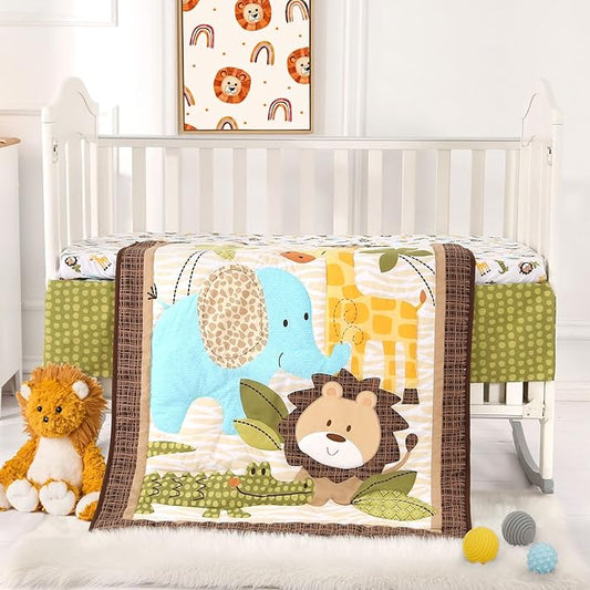 Wowelife Safari Crib Bedding Set, 3 Piece Safari Baby Bedding Set Brown, Premium Baby Crib Bed Set, Breathable and Soft for Baby Boy and Girl
