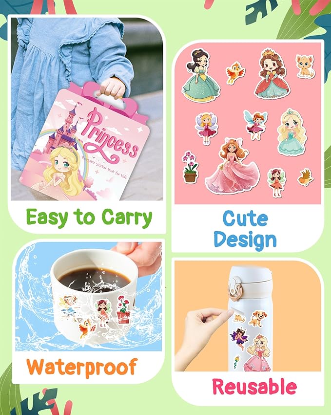Benresive Reusable Sticker Books for Toddlers, Fun Travel Stickers for Kids, Toddler Sticker Book, Crafts Activities for Toddlers, 3 and Up Birthady Gifts - Princess
