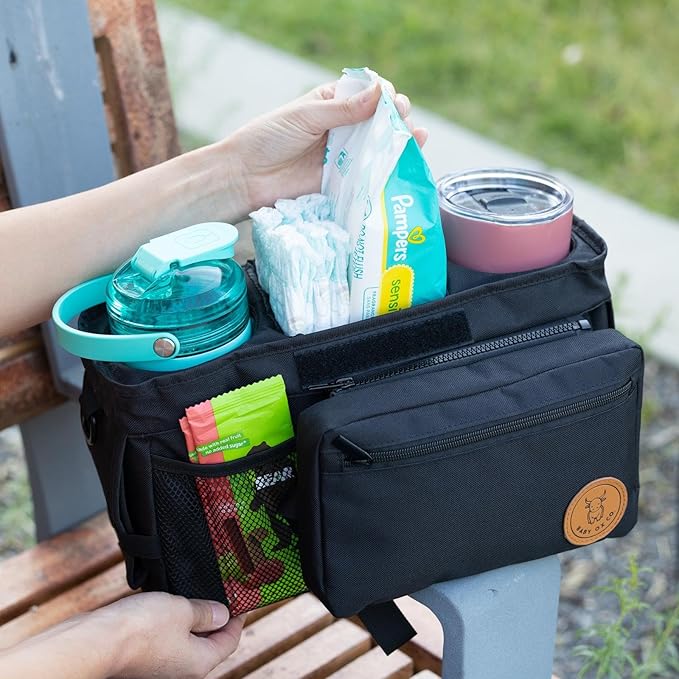 BABY OX CO. Universal Stroller Organizer with Insulated Cup Holders | Detachable Phone/Wipe Pouch & Shoulder Strap Stroller Caddy | Spacious, Fits Jogger, Umbrella, Travel & Pet Strollers