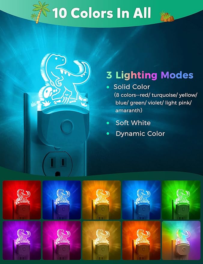 DORESshop Dinosaur Night Light for Kids [2 Pack], 8 Color Changing Plug in Night Lights for Baby with Dusk to Dawn Sensor, Nightlight for Bathroom Decor, Children Room, Dinosaur Toys Gifts
