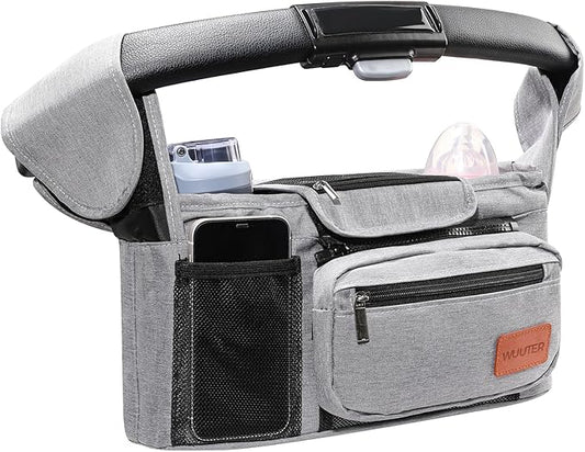 WUUTER Stroller Organizer with Cup Holder Detachable Wristlet Large Capacity Baby Stroller Bag for Mom, Fits Uppababy, Baby Jogger, Britax, BOB, More (Grey)