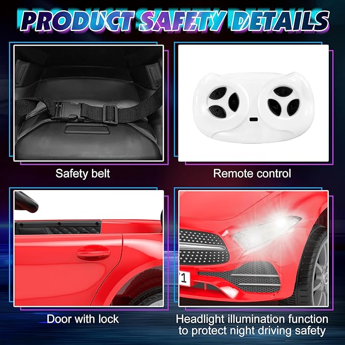 12V Kids Ride On Car with 2.4G Remote Control,Battery Powered Electric Car Ride On Vehicle Double Doors, 5 Point Safety Belt,LED Light (SC-Red)