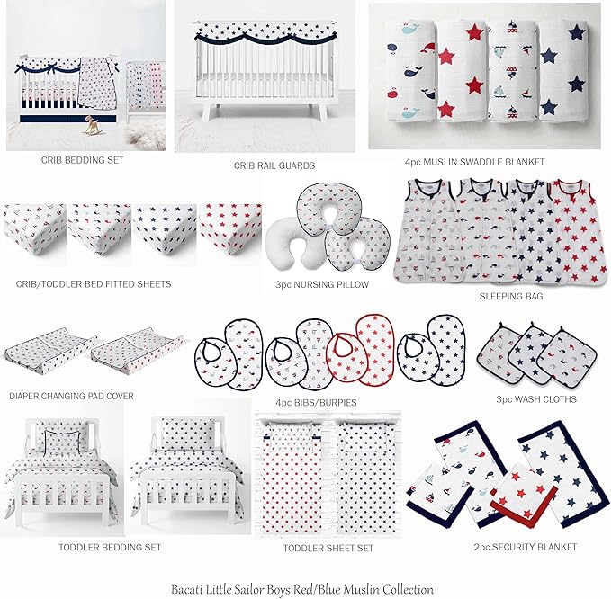 Bacati - Muslin Ikat Stars 4 Piece Boys Toddler Bedding Set 100 Percent Cotton Includes Reversible Comforter, Fitted Sheet, Top Sheet, and Pillow Case (4 pc Toddler Bedding Set, Navy Stars)
