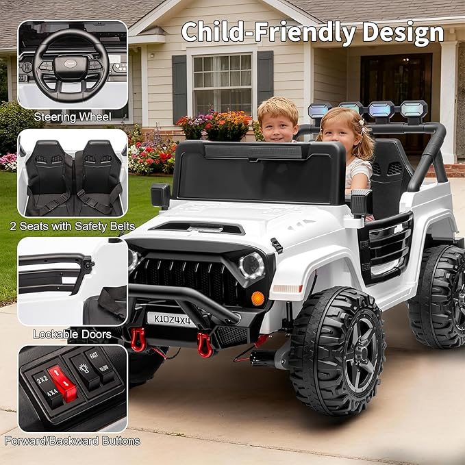 24V Ride on Toys for Big Kids, 2 Seater Ride on Car w/Remote Control, 4x4 Ride-on Truck with 4 Motors, 3 Speeds Adjustable, 4 LED Lights, Bluetooth & Music, Electric Car for Kids Toddlers 3-8, White