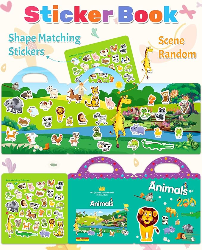 Benresive Reusable Sticker Books for Toddlers, Fun Travel Stickers for Kids, Toddler Sticker Book, Crafts Activities for Toddlers, 3 and Up Birthady Gifts - Animals Zoo