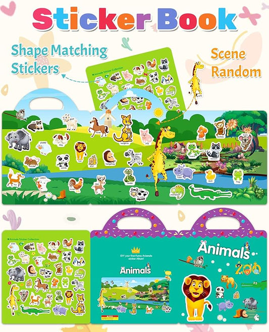 Benresive Reusable Sticker Books for Toddlers, Fun Travel Stickers for Kids, Toddler Sticker Book, Crafts Activities for Toddlers, 3 and Up Birthady Gifts - Animals Zoo