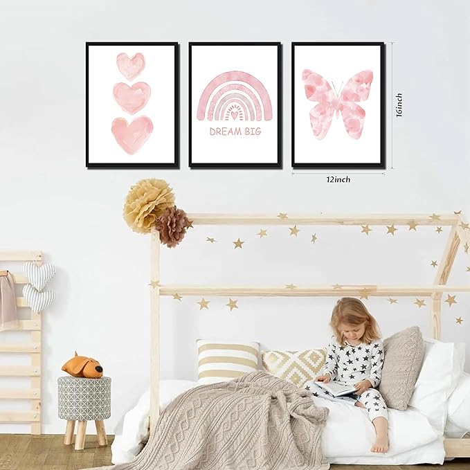 Pink Girls Nursery Wall Art Set of 3, Girl Toddler Room Wall Decor Paintings, Kids Rainbow Butterfly Love Prints Pictures for Baby Room Bedroom Decor 12x16 Inch Wood Framed