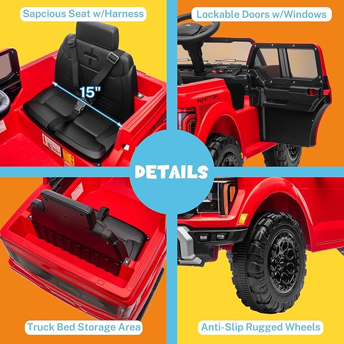 ENYOPRO 12V Licensed Ford F-150 Raptor Kids Ride On Truck, Electric Toy Car for Children w/Parent Remote Control, LED Lights, Bluetooth, Battery-Powered Ride On Car for Boys & Girls Ages 3 and Up, Red