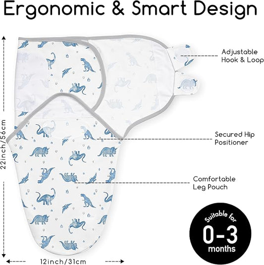 Baby Swaddles for Newborn Organic Cotton,Soft & Snug Newborn Velcro Swaddle 0-3 Months Sleep Sack Helps Calm Startle Reflex, 2-Pack Wrap Nursery Swaddling Blankets Blue Dinosaur