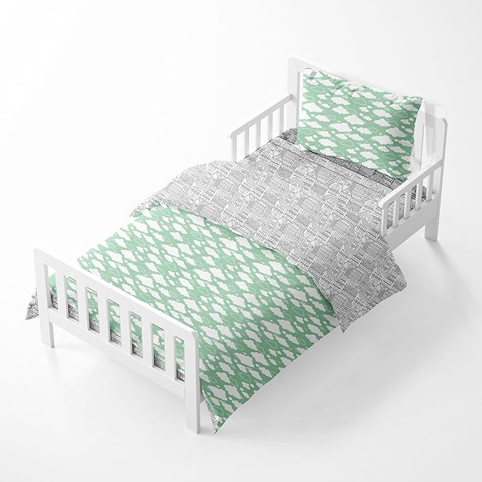 Bacati Clouds in The City 4 Pc Toddler Bedding Set, Mint/Grey