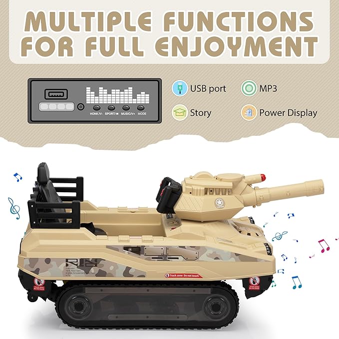TOBBI 24V Electric Kids Ride on Tank Car with Remote Control for Toddlers, 360°Spin Off-Road Fighting Military Vehicle with Missiles, Battery Powered Toy for Boy&Girl to Drive Age 4-8
