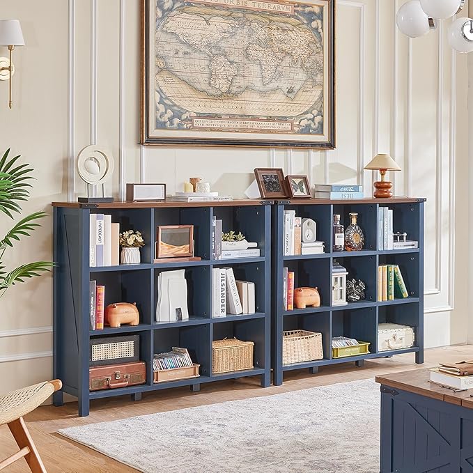Joaxswe 9 Cube Bookcase, Farmhouse 47 Inch Wide Navy Blue Bookshelf, Wooden 3 Tier Display Large Open Book Shelf, Vintage Horizontal Book Case for Home Office, Cubby Storage Cabinet for Living Room