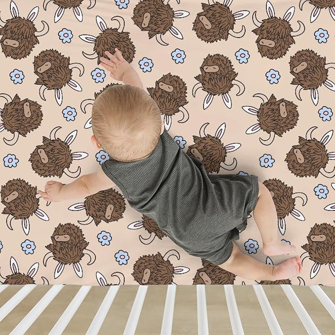 Highland Cow Easter Bunny Ears Baby Crib Sheets for Boy Girl 52x28Inch Western Cows Easter Bunnies Soft Stretchy Fitted Crib Mattress Cover Cow Lover Baby Sheet for Standard Crib and Toddler Mattress
