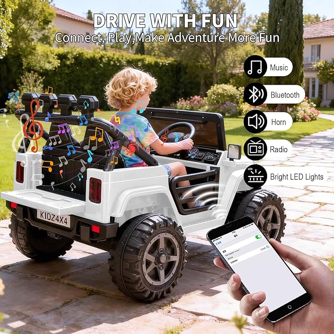 2 Seater Ride on Car Toy for Kids, 24V 4x4 Ride-on Truck, w/Parent Control, Soft Start, 3 Speed, 4-Wheeler Suspension, Bluetooth, LED Lights, Electric Car for Kids Toddler Ages 3-8, White