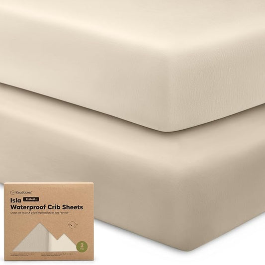 2-Pack Waterproof Baby Crib Sheets for Boys, Girls - 52x28 Viscose Derived from Bamboo Toddler Bed Sheet Neutral, Fitted Crib Mattress Protector Cover for Baby Bedding, Soft & Gentle (Ecru)