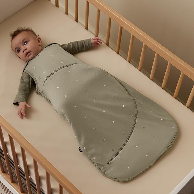 Snuz Baby Sleep Sack with Diaper Zip - Baby Sleeping Bag for Easy Diaper Changes, Super Soft Cotton Sleep Sacks in Summer or Winter Tog with Perfect Fit Poppers, Sage/Cross, 1 Tog 0-6M