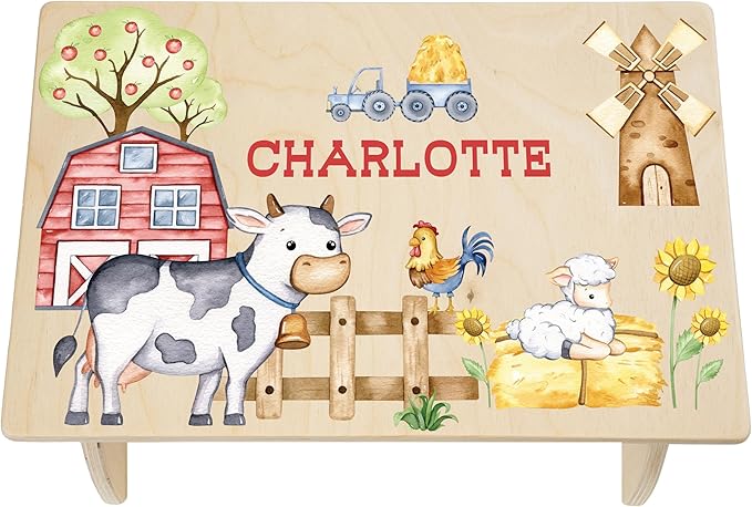 Farm Animal Step Stool for Toddlers- Personalized Wood Kids Step Stool with Name for Kitchen Sink, Bathroom, Potty Training, Kitchen Sink- Sturdy and Safe- Made in USA by BloomOwl (Farm- Watercolor)